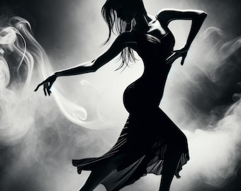 Elegant Black and White Dance: A Woman in Graceful Motion Amidst Wispy Smoke