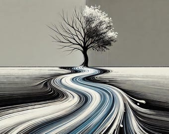 Aqua Vita: Abstract Minimalist Tree and River Art
