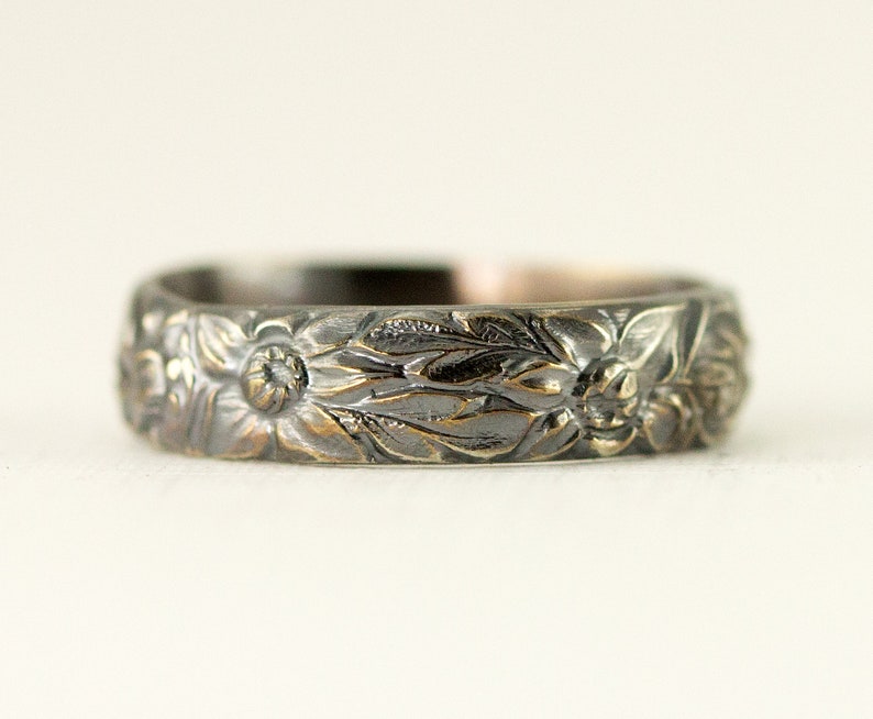 Sterling Flower Wedding Ring Boho Bride Wide Pattern Band image 0