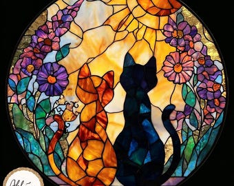 Charming Black Orange Cat Couple Garden Suncatcher Stained Glass Window Hanging, Glass Ornament Mom Gift, Christmas Ornament