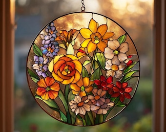 Family Birth Flowers Glass Suncatcher, Custom Mom's Garden Gift,Flower Glass Art,Birth Flower Gift For Nana,Mother's Day Gift For Mom