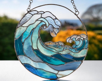 Ocean Wave Stained Glass Suncatcher，Beach Coastal Glass Suncatcher Handmade，Beach House Window Hanging Ocean Suncatcher Gift