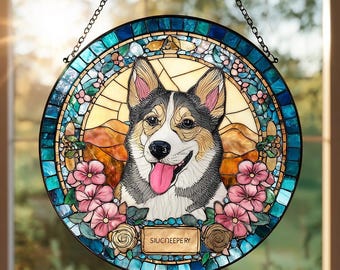 May include: Round stained glass window featuring a smiling corgi dog with its tongue out. The artwork is framed by a blue and teal border, with pink flowers and the text "SIUCNEEPERY".