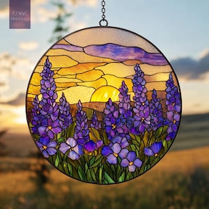 Violet Flower Field Sunset Glass Suncatcher – Birth Month Flower Window Hanging Ornament, Mother’s Day Gift