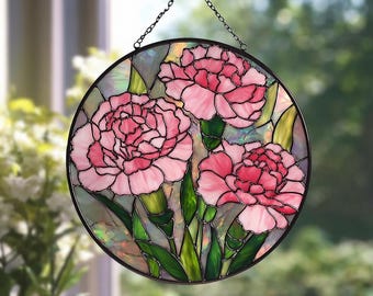 Atrapasueños de vitral con clavel rosa, adorno floral redondo para ventana, regalo para el Día de la Madre, elegante panel de jardín para amantes de las flores.