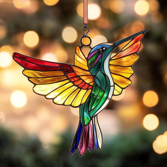 Kolibri Sonnenfänger Aus Buntglas – Farbenfroher Fensteranhänger Als Geschenk Für Vogelliebhaber