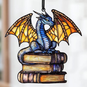 Book Dragon Suncatcher Ornament, Fantasy Dragon Acrylic Window Hanging, Dragon Wall Window Hanging Art Decoration, Bookish Home Decor