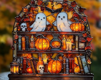 Halloween Ghost Bookshelf Suncatcher: Faux Stained Glass Fall Decor