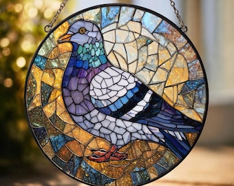 Mosaic Pigeon Bird Stained Glass Suncatcher – Round Window Hanging Gift for Bird Lovers