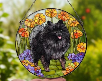 Black Pomeranian Wildflower Suncatcher: Dog Window Hanging