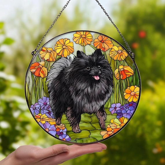 Black Pomeranian Wildflower Suncatcher: Dog Window Hanging
