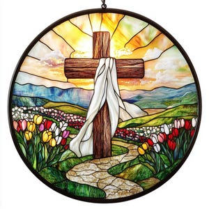 Tulip Field Cross Christian Stained Glass Suncatcher, Easter Christian Suncatcher, Religious Easter Decoration, Christian Easter Suncatcher