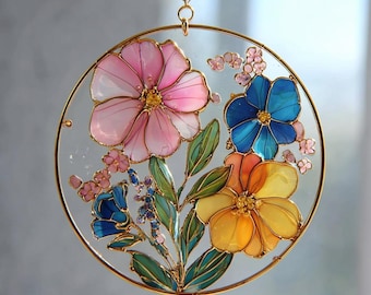 Framed Acrylic Floral Suncatcher, Botanical Window Decor