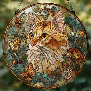 以下が含まれることがあります： オレンジと黄色の毛並みを持つ猫の肖像画が描かれた丸いステンドグラス。蝶と葉に囲まれています。緑、茶色、オレンジなど、さまざまな色が使われており、鮮やかで装飾的な作品です。