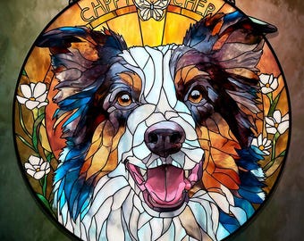 May include: Stained glass panel featuring a smiling dog with brown, white, and blue fur. The panel is round with the words "CHPPY CHER" and a butterfly at the top. White flowers and green stems are on the sides.