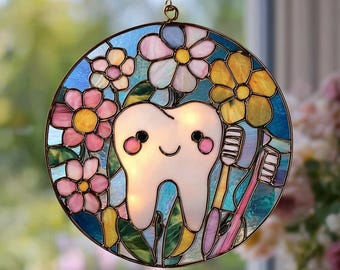 Personalized Tooth Suncatcher: Faux Stained Glass Dental Office Decor
