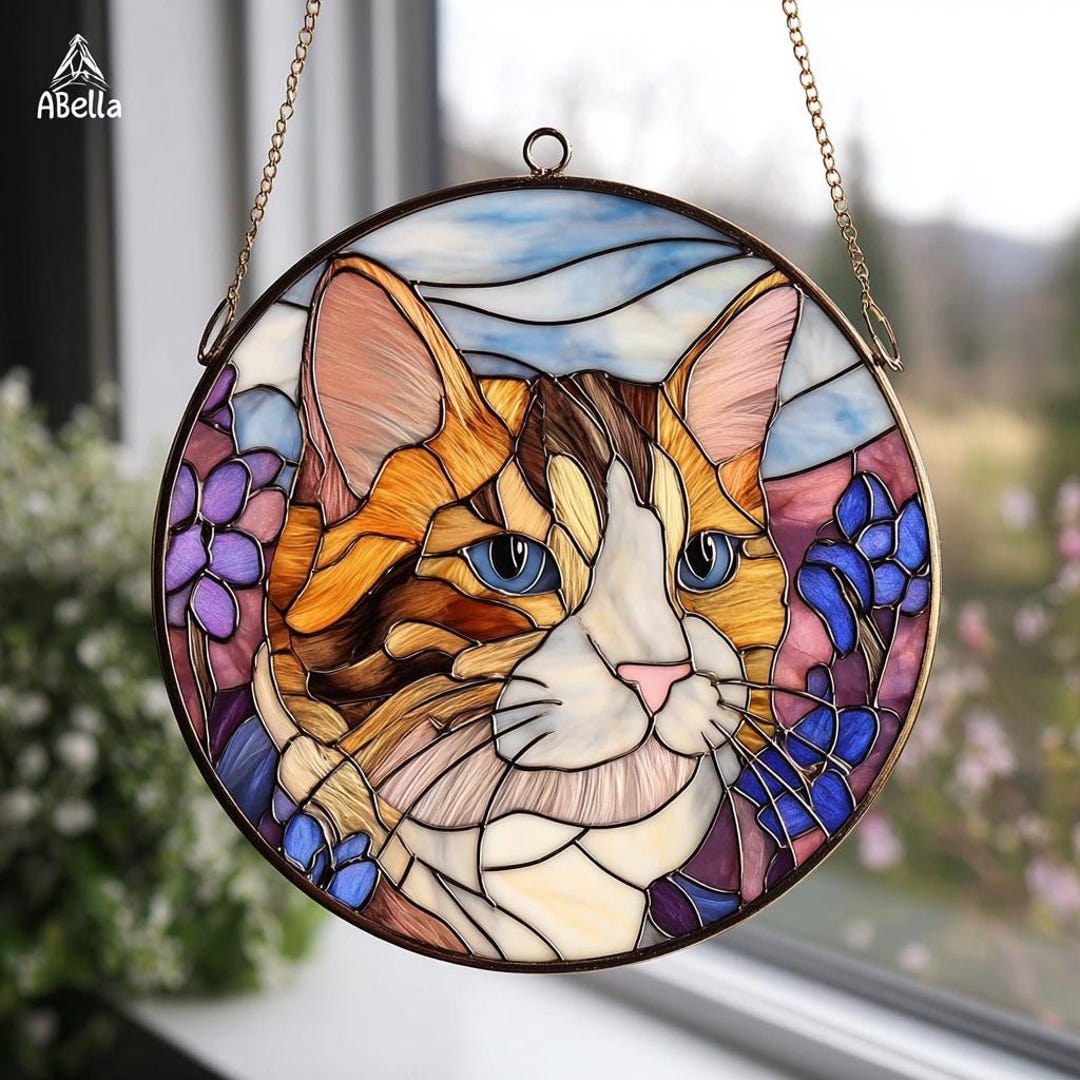 Custom Cat Portrait Suncatcher – Handcrafted Stained Glass Pet Memorial ...