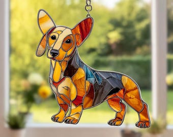 Dachshund Acrylic Suncatcher - Wiener Dog Window Hanging Ornament, Stained Glass Style Pet Lover Gift