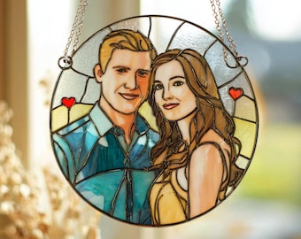 Custom Photo Couple Glass Suncatcher, Personalized Family Portrait Suncatcher Gift