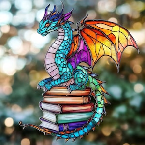 Book Dragon Suncatcher Ornament, Fantasy Dragon Acrylic Window Hanging, Dragon Wall Window Hanging Art Decoration, Bookish Home Decor