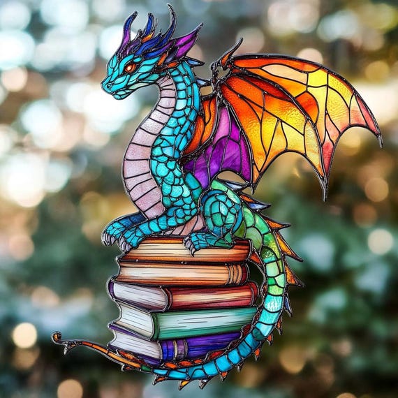 Book Dragon Suncatcher ACRYLIC Window Hanging Ornament, Fantasy Dragon