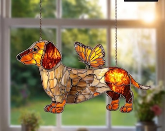 Dachshund Suncatcher, Stained Glass Style Wiener Dog, Custom Pet Ornament