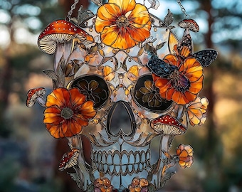 Skull Stained Glass Suncatcher: Gothic Halloween Decor