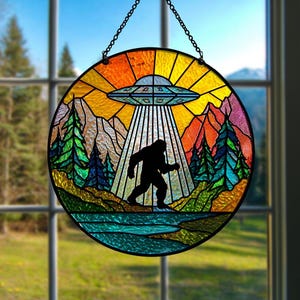 Bigfoot UFO Abduction Suncatcher – Faux Stained Glass Window Hanging – Funny Gift for Women – Alien Mountain Decor – Quirky Indoor Art