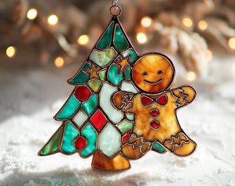 Stained Glass Look Christmas Suncatcher, Gingerbread Man & Tree, Holiday Decor