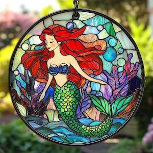 Custom Ariel Suncatcher Stained Glass, Little Mermaid Princess, Custom Disney Decor & Gift for Disneyworld Lovers, Family Suncatcher