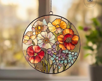Atrapasueños de flores con el mes de nacimiento: regalo personalizado de vitral floral acrílico para colgar en la ventana