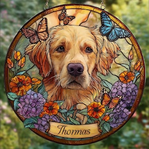 Atrapasol de vitral con retrato de perro personalizado, recuerdo de mascota a partir de una foto, recuerdo de pérdida de perro, colgante de ventana estilo vitral.