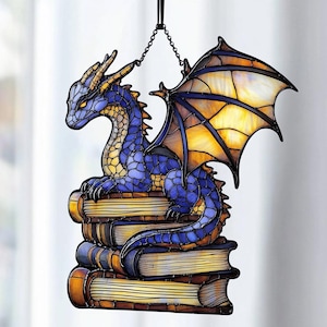 Book Dragon Suncatcher Ornament, Fantasy Dragon Acrylic Window Hanging, Dragon Wall Window Hanging Art Decoration, Bookish Home Decor
