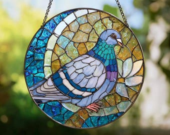 Mosaic Pigeon Bird Stained Glass Suncatcher, Round Window Hanging, Gift for Bird Lovers