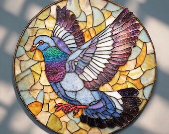 Mosaic Pigeon Suncatcher – Round Stained Glass Window Hanging Gift for Bird Lovers