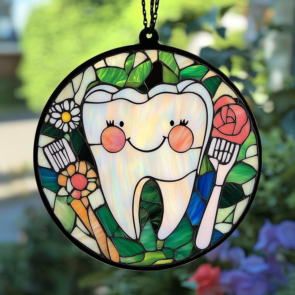 Personalized Tooth Glass Suncatcher – Colorful Faux Stained Glass Dental Window Decor, Dentist Office Gift, Cute Tooth Art for Hygienist