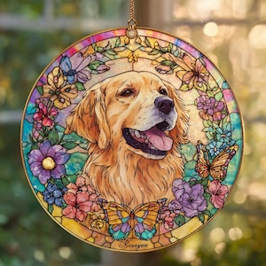 Custom Dog Portrait Stained Glass Suncatcher , Pet Memorial from Photo, Dog Loss Keepsake Gift – Stained Glass Style Window Hanging
