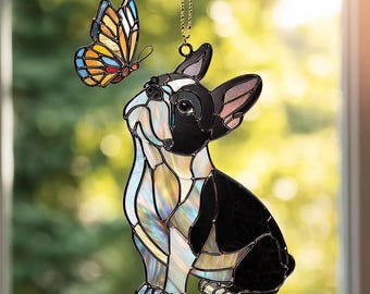 Boston Terrier & Butterfly Suncatcher: Hologram Window Hanging