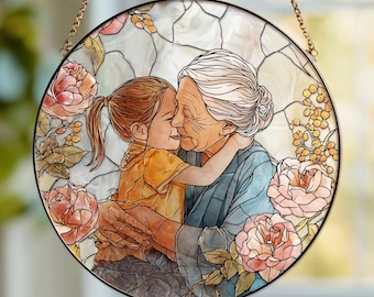 Personalized Grandma And Grandkids Custom Photo Mother's Day Stained Glass Suncatcher