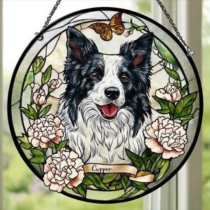 Custom Dog Portrait Stained Glass Suncatcher – Pet Memorial from Photo – Dog Loss Keepsake Gift – Stained Glass Style Window Hanging.