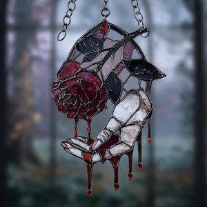 Gothic Bloody Rose Hand Acrylic Suncatcher – Faux Stained Glass Window Hanging Dark Vampire Decor