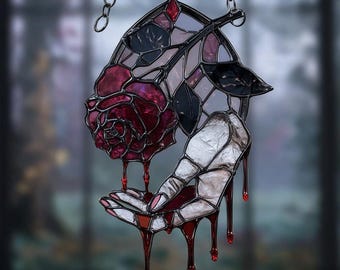 Gothic Bloody Rose Hand Acrylic Suncatcher – Faux Stained Glass Window Hanging Dark Vampire Decor