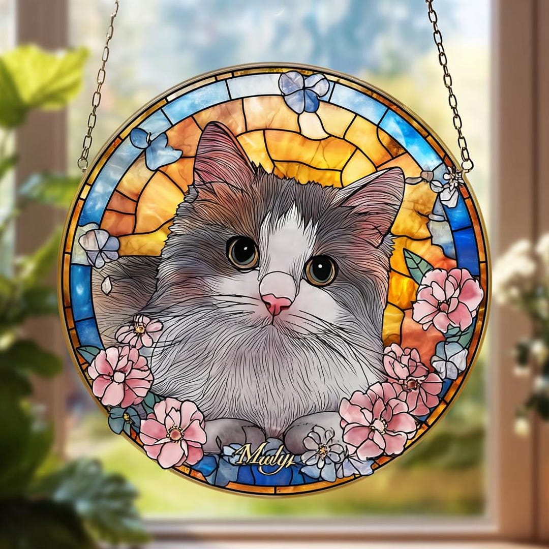 Custom Pet Portrait Suncatcher, Stained Glass Cat Memorial Decor - Etsy