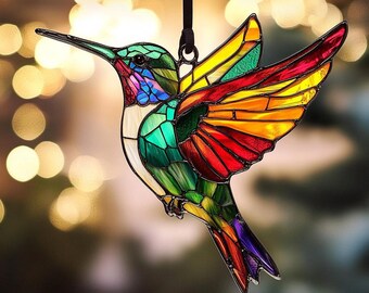 Hummingbird Acrylic Suncatcher – Faux Stained Glass Window Hanging – Hummingbird Wall Art – Indoor Outdoor Decor