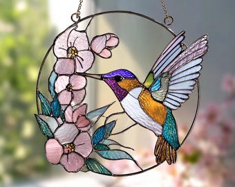 Hummingbird Stained Glass Suncatcher, Light-Catching Window Art