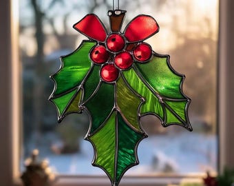 Holly Leaf Suncatcher, Faux Stained Glass Christmas Ornament