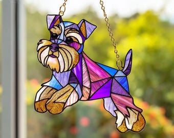 ステンドグラスのシュナウザーサンキャッチャー：手作り犬の肖像画