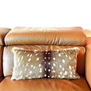 May include: A rectangular decorative pillow with a spotted pattern, resembling deer fur, rests on a brown leather sofa. The pillow has a brown and white spotted design, adding a rustic touch to the interior decor.