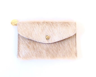 Beige Leather Wallet - Beige Hair on Hide Wallet - Light Brown Pony Hair Wallet - Beige Fur Clutch