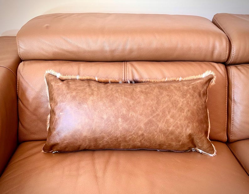 May include: A rectangular brown leather pillow with a distressed texture and a white fur trim, resting on a brown leather sofa. The pillow is a decorative accent.